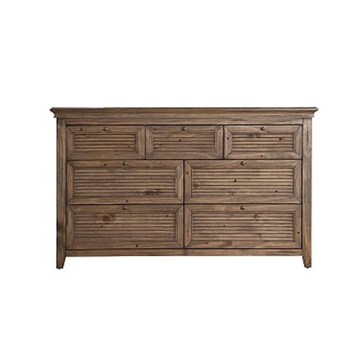Transitional Seven Drawer Dresser with Louvered Front, Brown