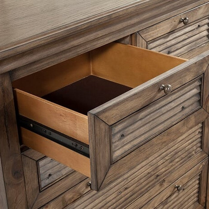Six Drawer Transitional Chest with Louvered Front, Brown