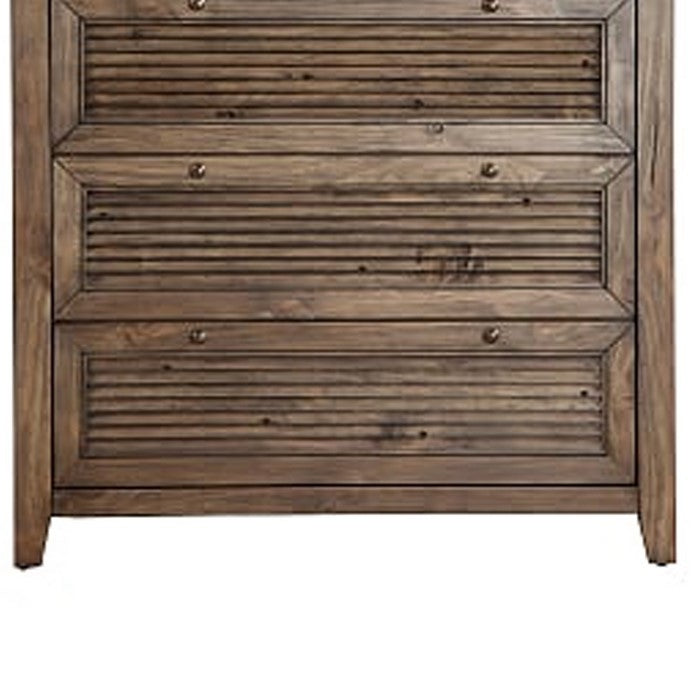 Six Drawer Transitional Chest with Louvered Front, Brown