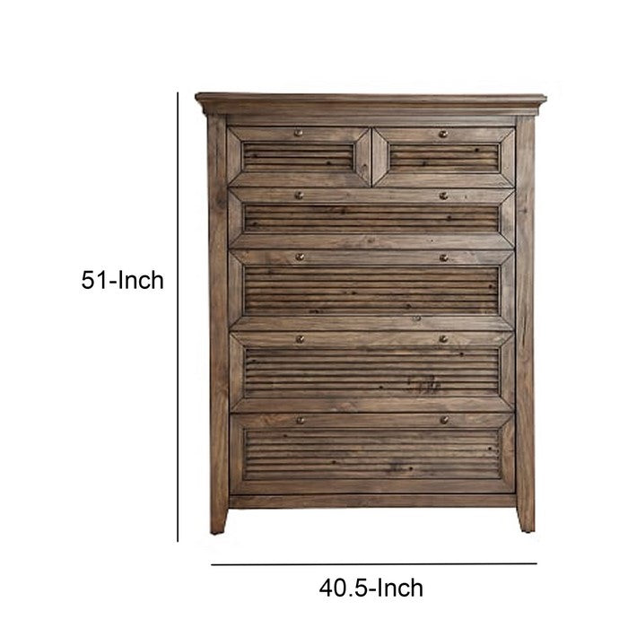 Six Drawer Transitional Chest with Louvered Front, Brown
