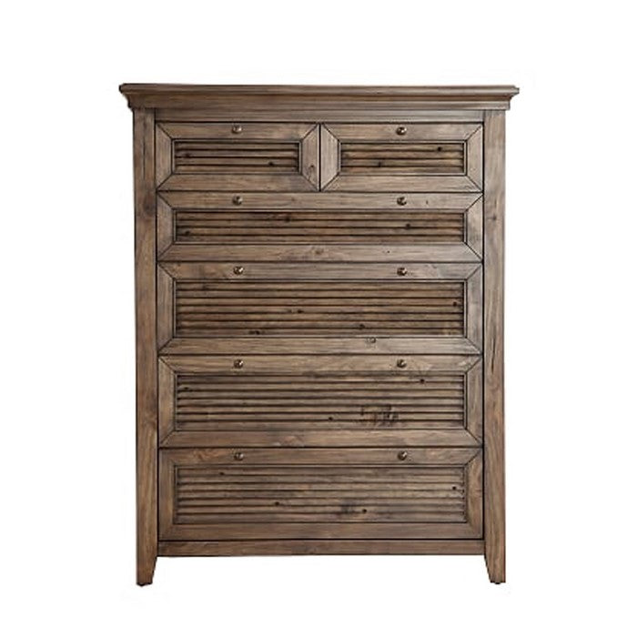 Six Drawer Transitional Chest with Louvered Front, Brown