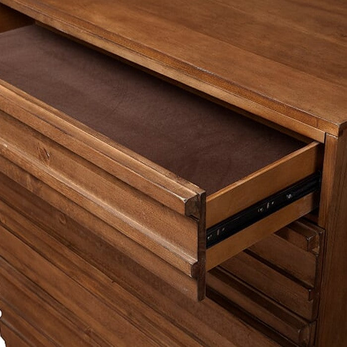 Louvered Front Wooden Chest with 4 Drawers and 1 Pull Out Tray, Brown