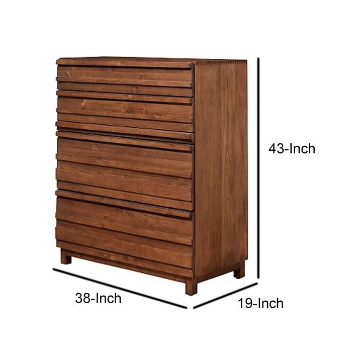 Louvered Front Wooden Chest with 4 Drawers and 1 Pull Out Tray, Brown