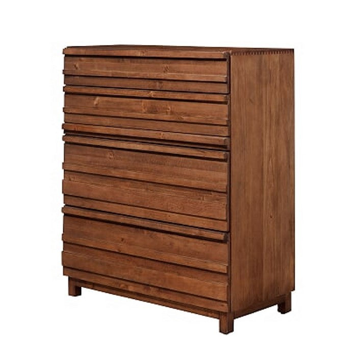 Louvered Front Wooden Chest with 4 Drawers and 1 Pull Out Tray, Brown
