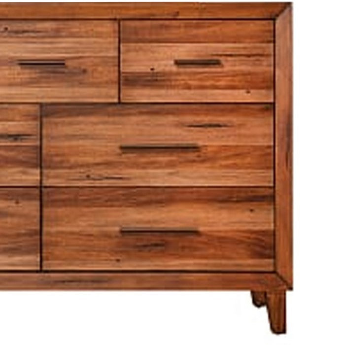 Transitional Style 7 Drawer Dresser with Metal Bar Handles, Brown