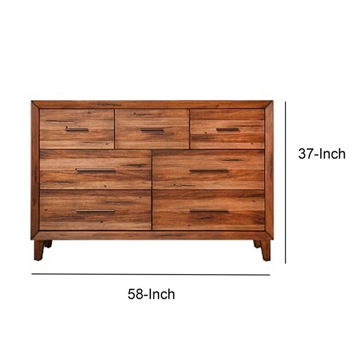 Transitional Style 7 Drawer Dresser with Metal Bar Handles, Brown