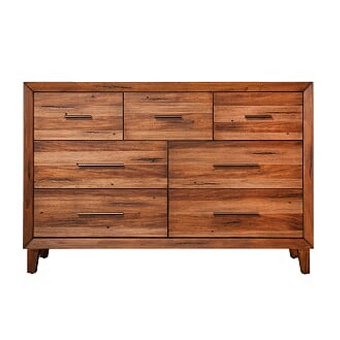 Transitional Style 7 Drawer Dresser with Metal Bar Handles, Brown