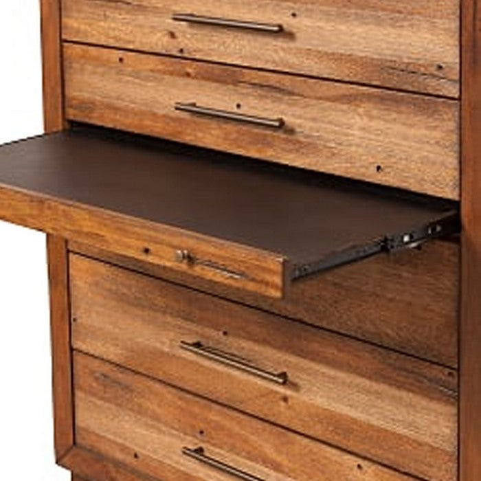 5 Drawer Wooden Chest with Metal Bar Handles and 1 Pull Out Tray, Brown