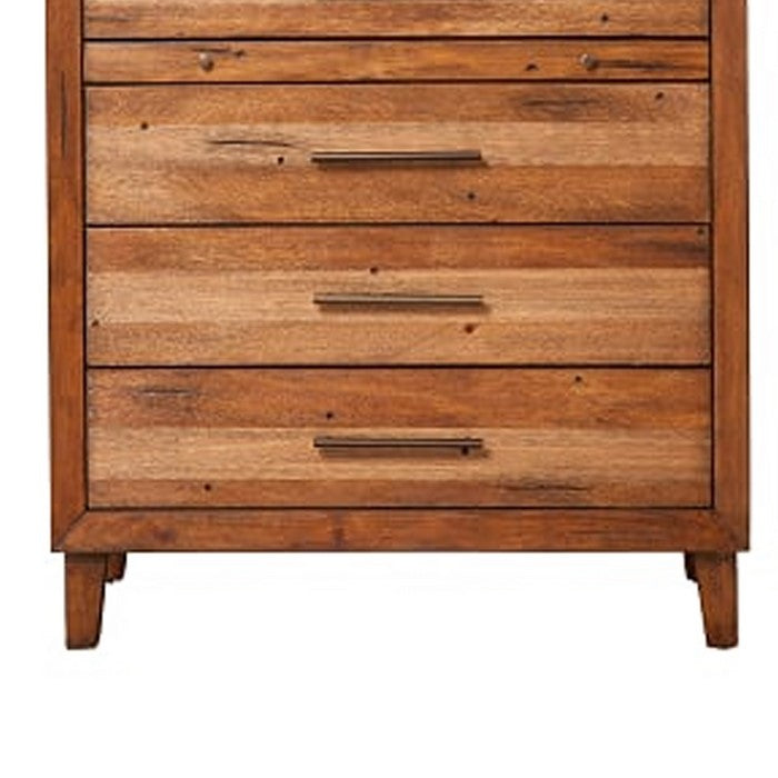 5 Drawer Wooden Chest with Metal Bar Handles and 1 Pull Out Tray, Brown