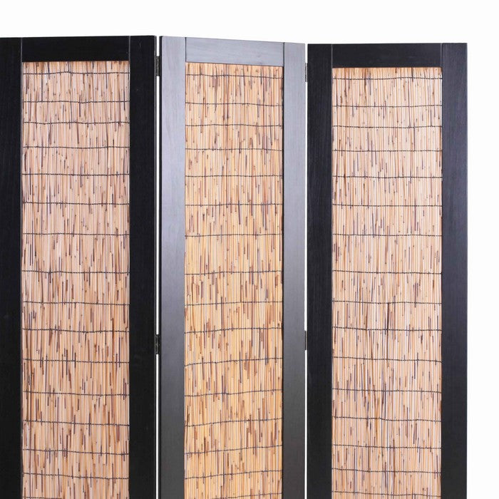 Wooden 3 Panel Room Divider with Wicker Panelling, Brown and Black