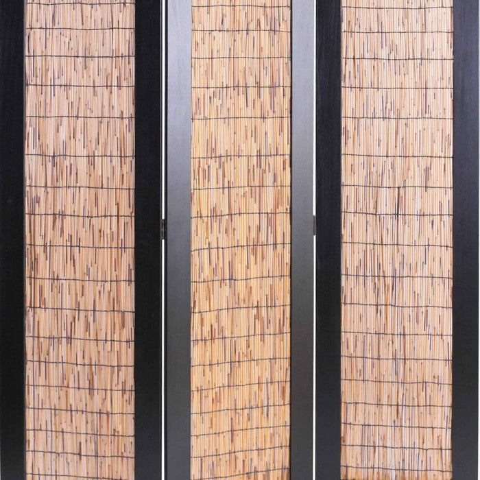 Wooden 3 Panel Room Divider with Wicker Panelling, Brown and Black