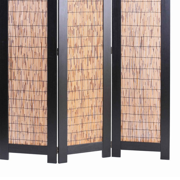 Wooden 3 Panel Room Divider with Wicker Panelling, Brown and Black
