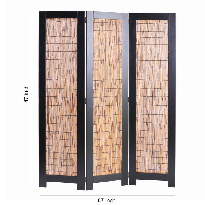 Wooden 3 Panel Room Divider with Wicker Panelling, Brown and Black