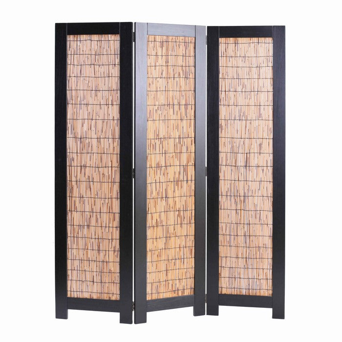 Wooden 3 Panel Room Divider with Wicker Panelling, Brown and Black
