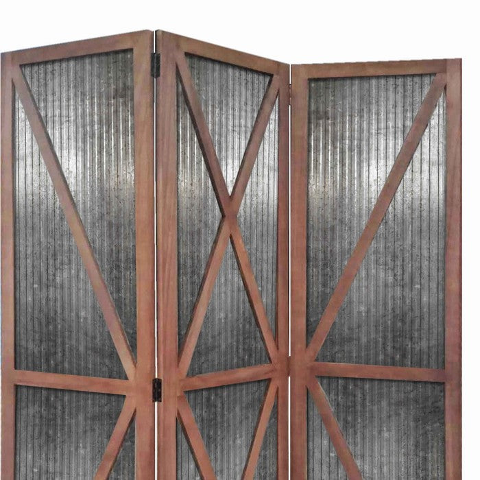 Industrial Corrugated 3 Panel Metal Room Divider, Brown and Silver