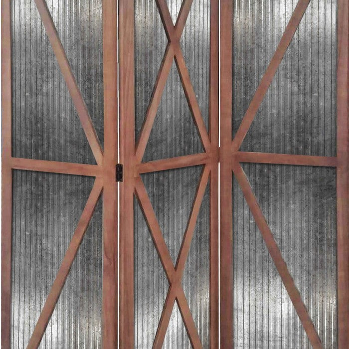 Industrial Corrugated 3 Panel Metal Room Divider, Brown and Silver