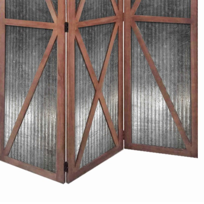 Industrial Corrugated 3 Panel Metal Room Divider, Brown and Silver