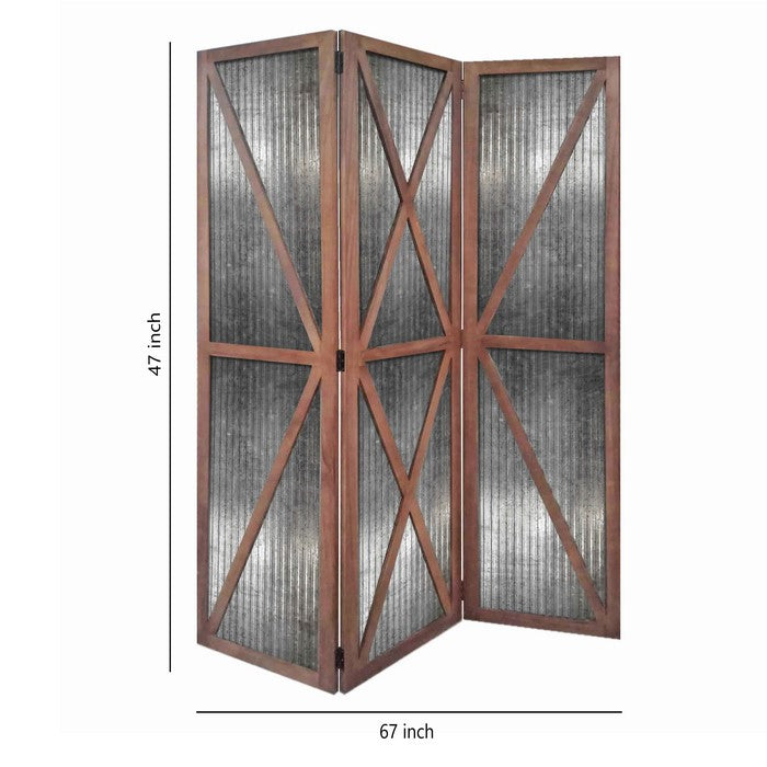 Industrial Corrugated 3 Panel Metal Room Divider, Brown and Silver
