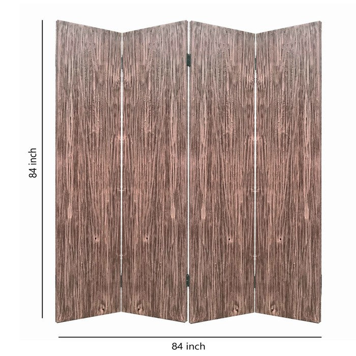 Textured and Bark Designed Wooden 4 Panel Room Divider , Natural Brown