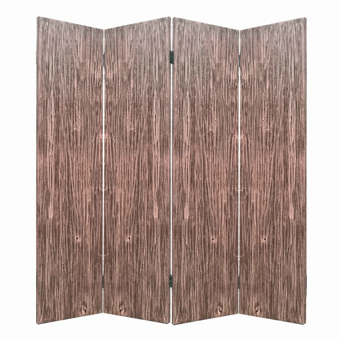 Textured and Bark Designed Wooden 4 Panel Room Divider , Natural Brown