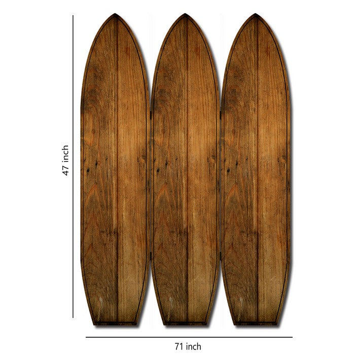 Plank Style Surfboard Shaped 3 Panel Wooden Room Divider, Brown
