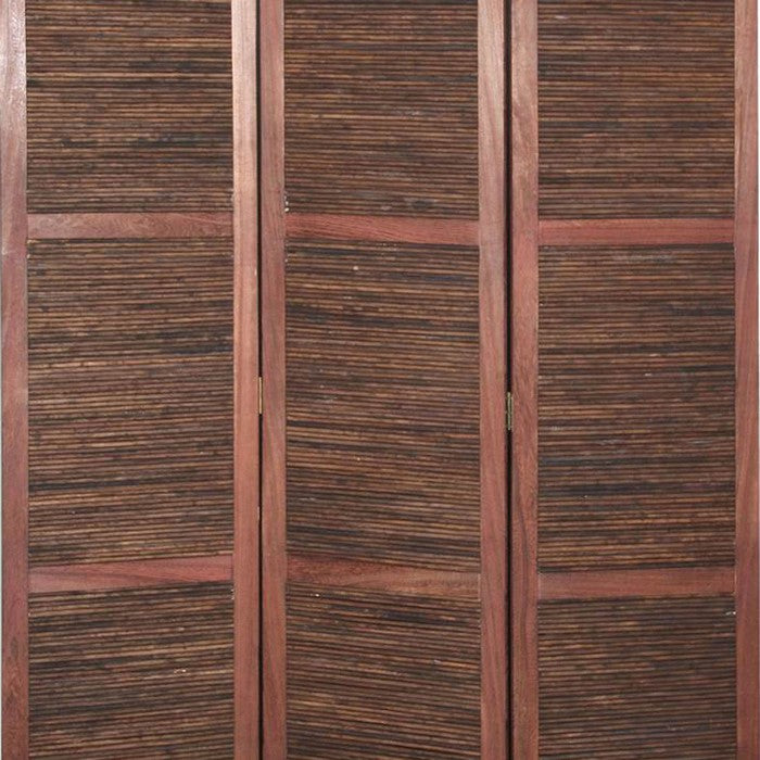 Wooden 3 Panel Room Divider with Horizontal Bamboo Stripes, Dark Brown