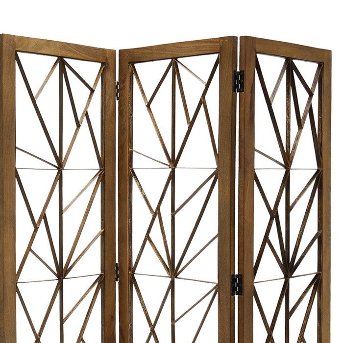 Wooden Handcrafted 3 Panel Room Divider with Intricate Iron Design, Brown