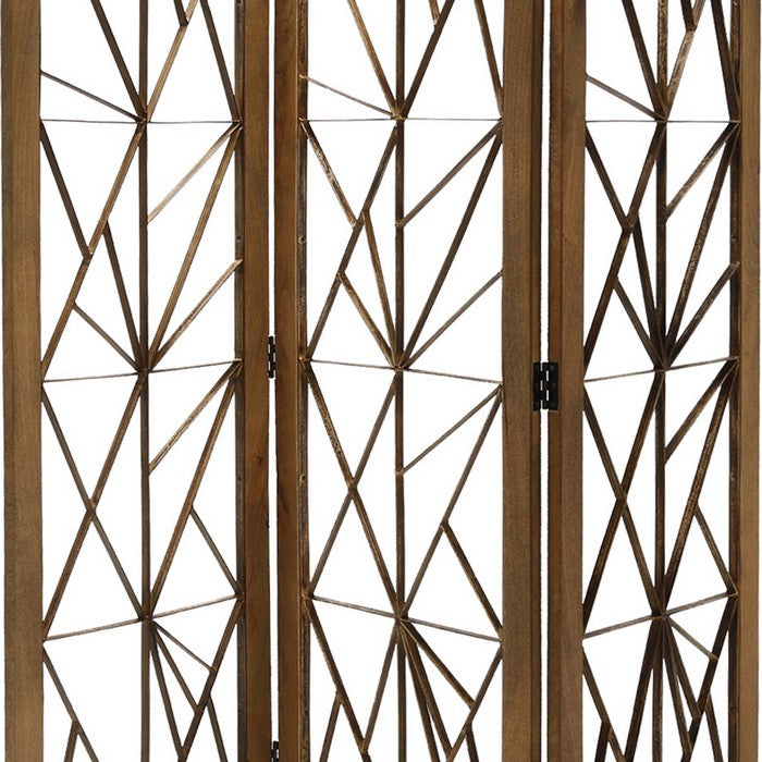 Wooden Handcrafted 3 Panel Room Divider with Intricate Iron Design, Brown