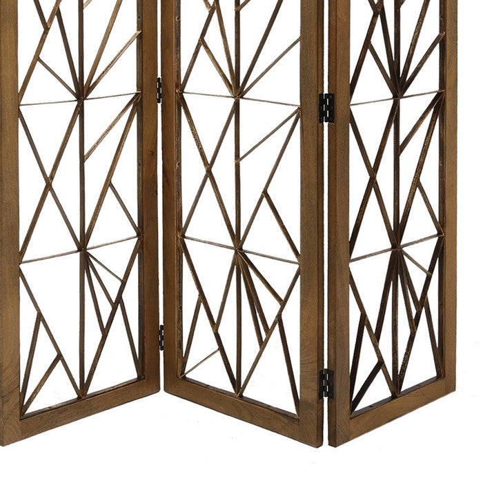 Wooden Handcrafted 3 Panel Room Divider with Intricate Iron Design, Brown