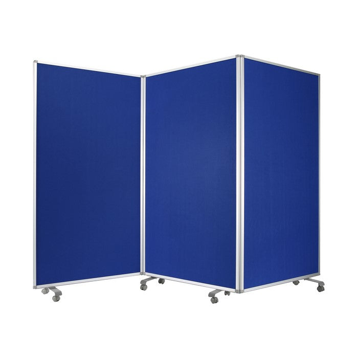 Accordion Style Fabric Upholstered 3 Panel Room Divider, Blue and Gray