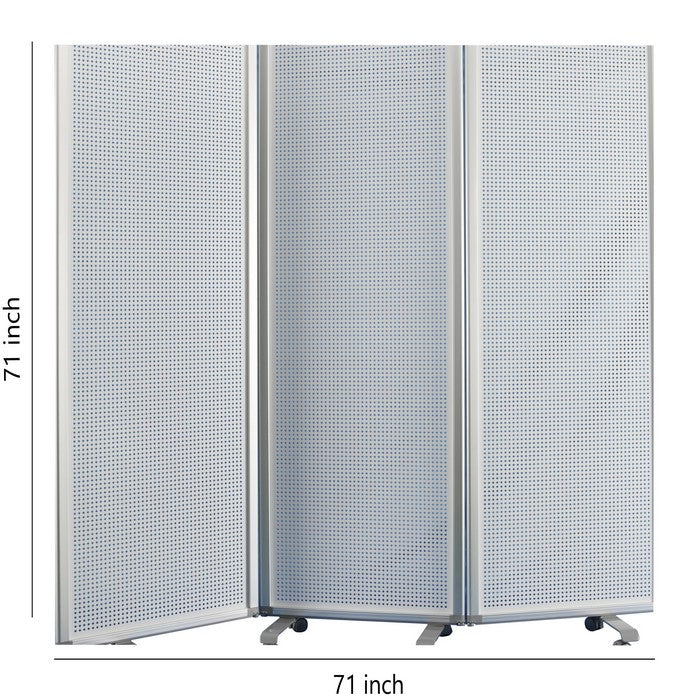 Accordion Style Metal 3 Panel Room Divider with Perforated Details, White