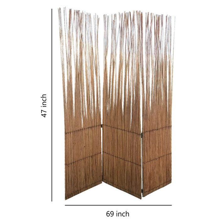 Traditional Style 3 Panel Wooden Willow Branch Room Divider, Brown
