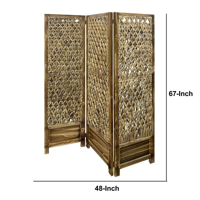 Woven Seagrass 3 Panel Wooden Room Divider, Natural Brown
