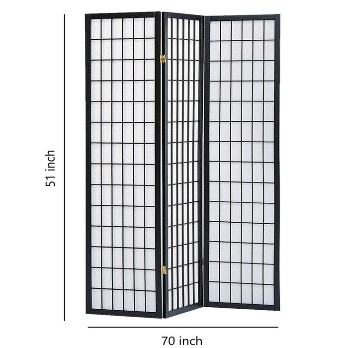 Wooden 3 Panel Room Divider with Shoji Paper Inserts, Black and White