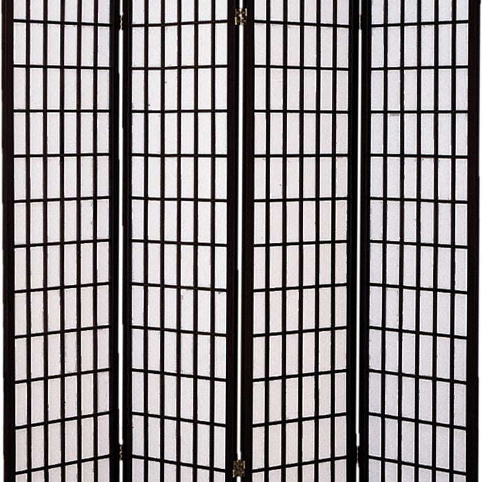Wooden 4 Panel Room Divider with Shoji Paper Inserts, Black and White