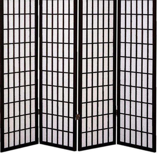 Wooden 4 Panel Room Divider with Shoji Paper Inserts, Black and White