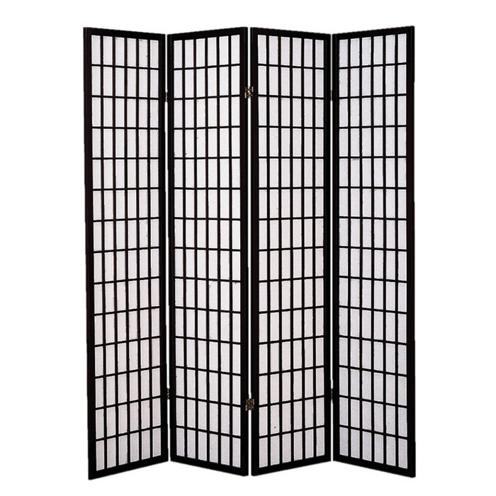 Wooden 4 Panel Room Divider with Shoji Paper Inserts, Black and White