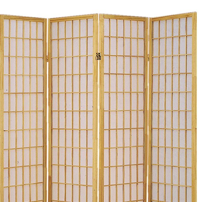 Wooden 4 Panel Room Divider with Shoji Paper Inserts, Brown and White