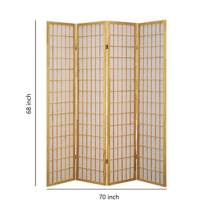 Wooden 4 Panel Room Divider with Shoji Paper Inserts, Brown and White