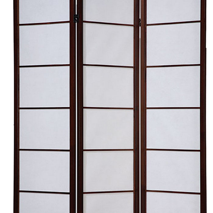 3 Panel Wooden Room Divider with Shoji Paper Inserts,White and Cherry Brown
