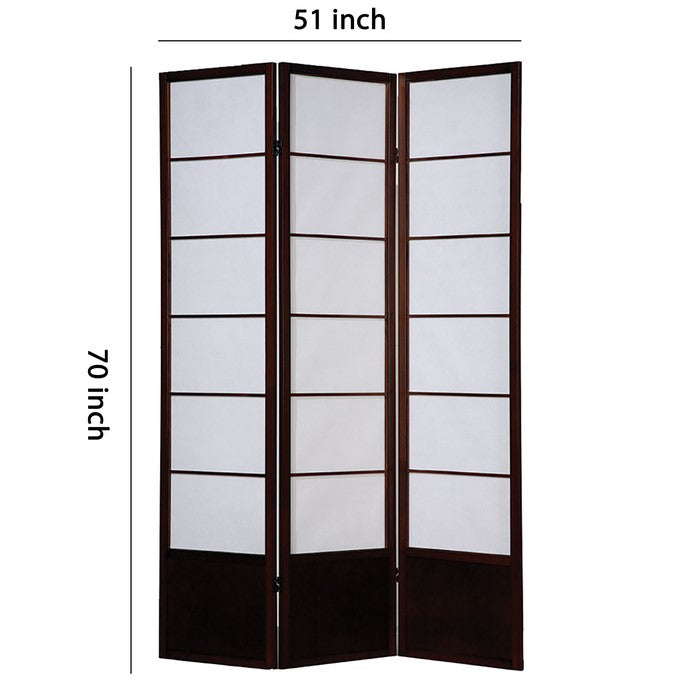 3 Panel Wooden Room Divider with Shoji Paper Inserts,White and Cherry Brown