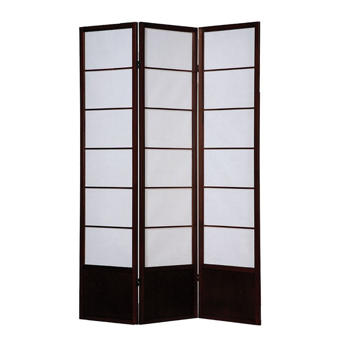 3 Panel Wooden Room Divider with Shoji Paper Inserts,White and Cherry Brown