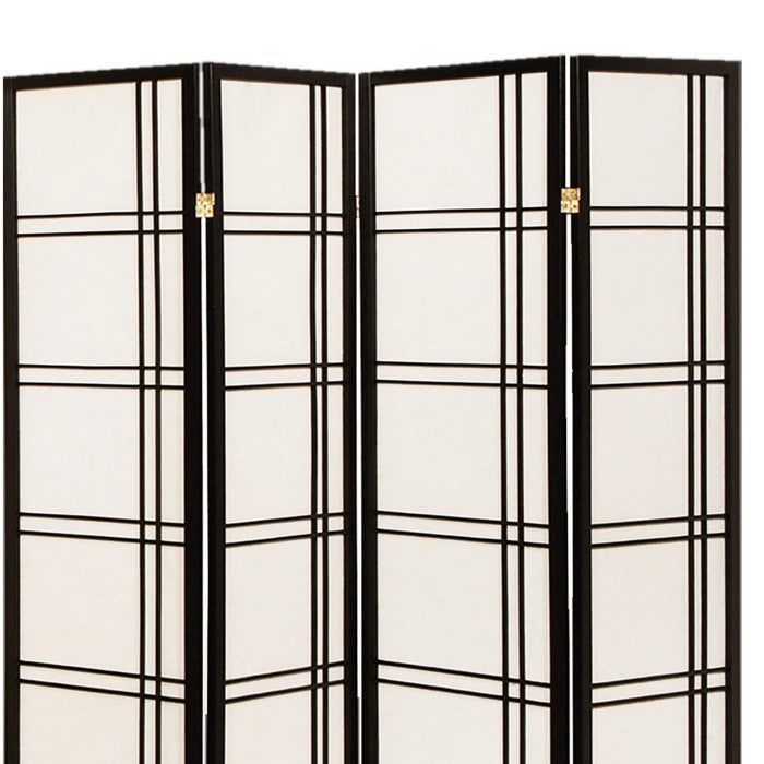 Wooden 4 Panel Room Divider with Checkered Shoji Inserts, White and Black