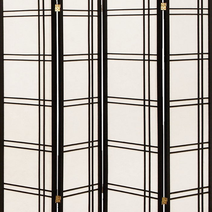 Wooden 4 Panel Room Divider with Checkered Shoji Inserts, White and Black