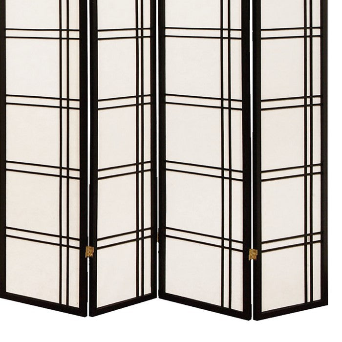 Wooden 4 Panel Room Divider with Checkered Shoji Inserts, White and Black