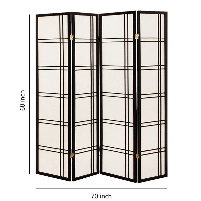 Wooden 4 Panel Room Divider with Checkered Shoji Inserts, White and Black