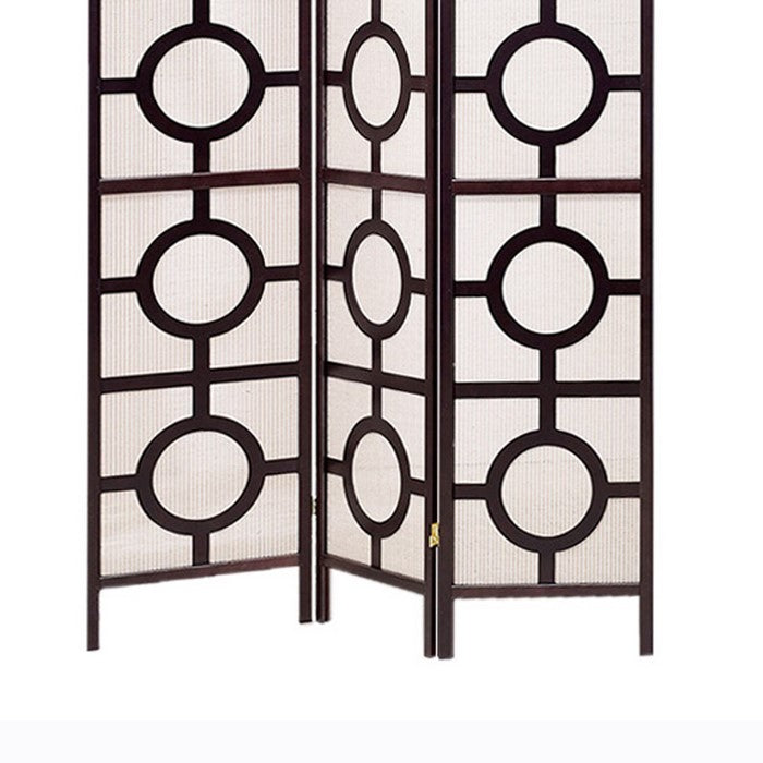 Circular Motif Wooden 3 Panel Room Divider with Jute Inlays, White and Brown