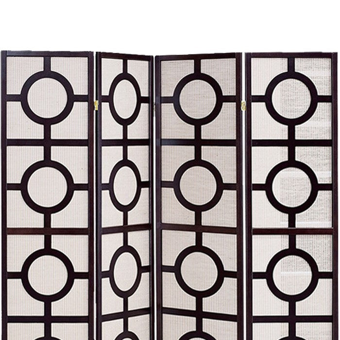 Circular Motif Wooden 4 Panel Room Divider with Jute Inlays, White and Brown