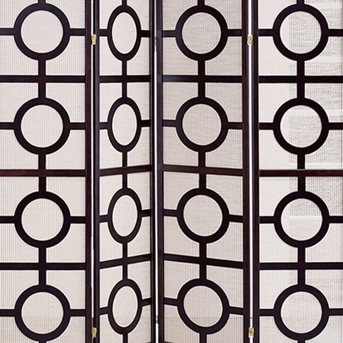 Circular Motif Wooden 4 Panel Room Divider with Jute Inlays, White and Brown