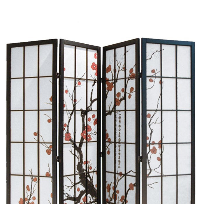 Tree and Flower Print 4 Panel Room Divider with Shoji Inserts, Red and Black